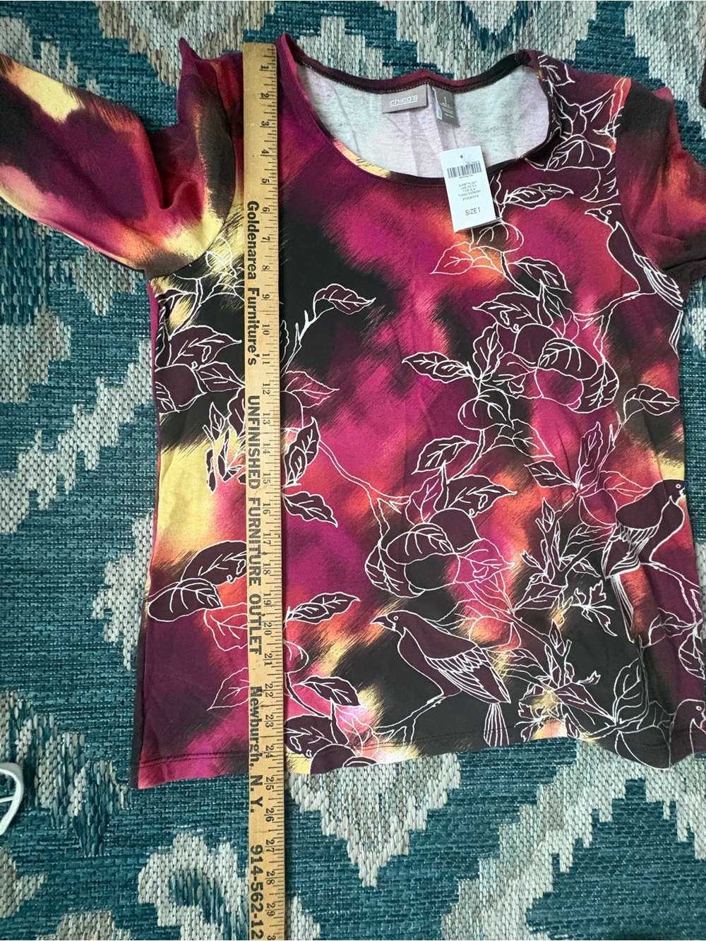 Chico's Magenta, Black & Yellow Floral Bird Long Sleeve Scoop Neck Top - Picture 6 of 8